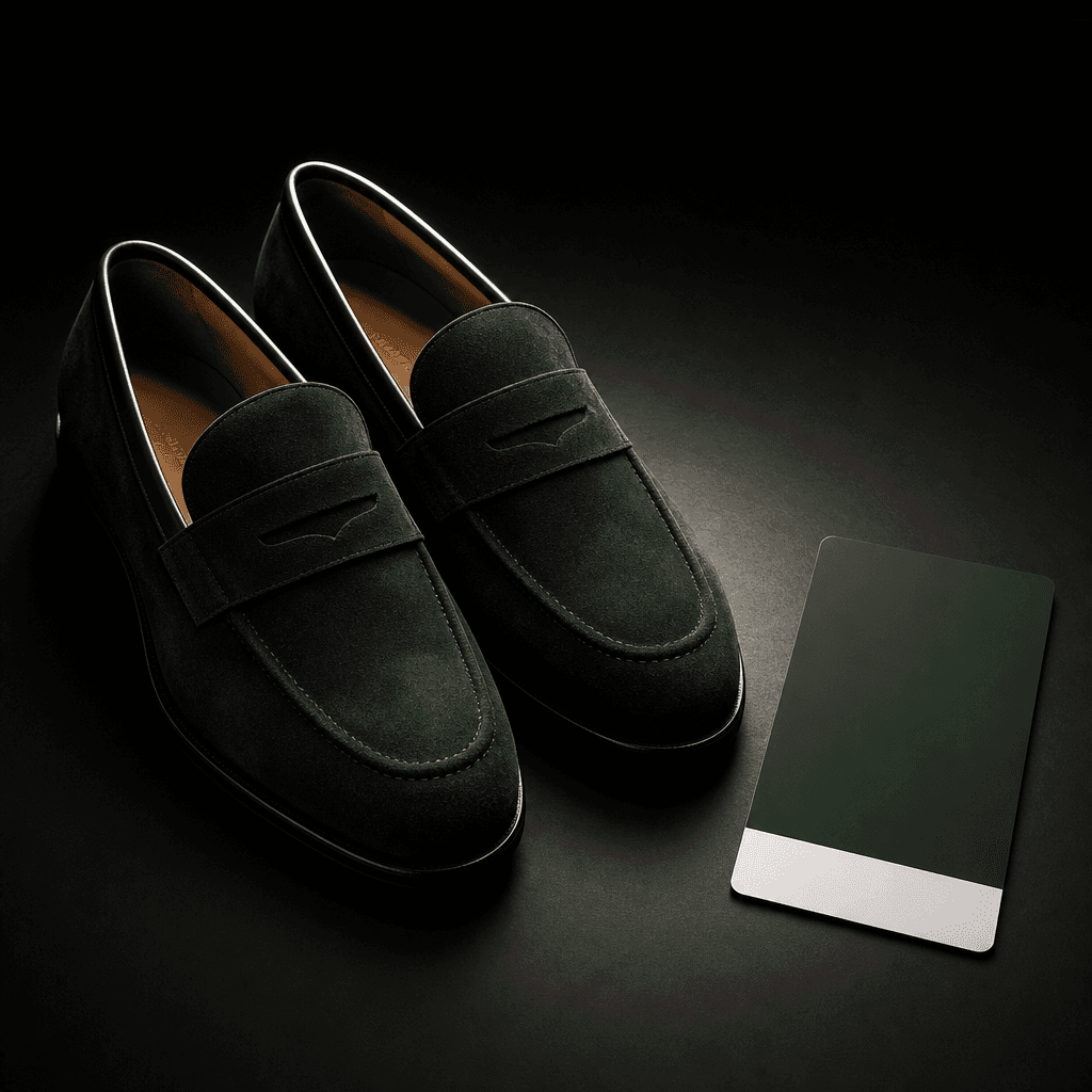 Dark editorial product shot of a pair of forest-green suede loafers placed on a near-black surface. A Pantone Deep Fores