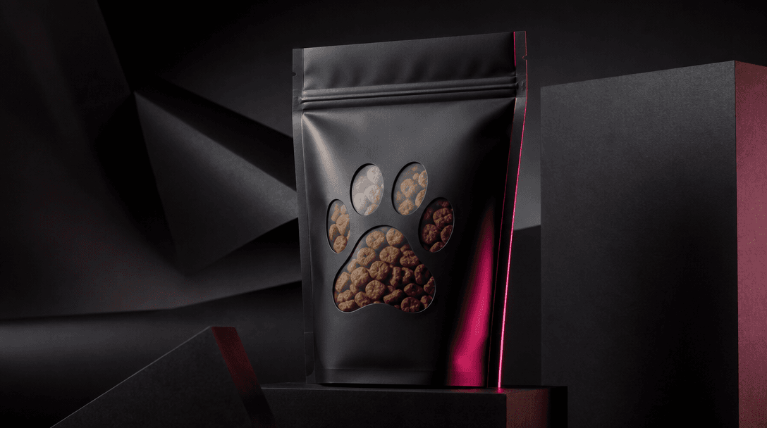 A pristine pet product package isolated against layered charcoal paper and matte black architectural forms, every edge a