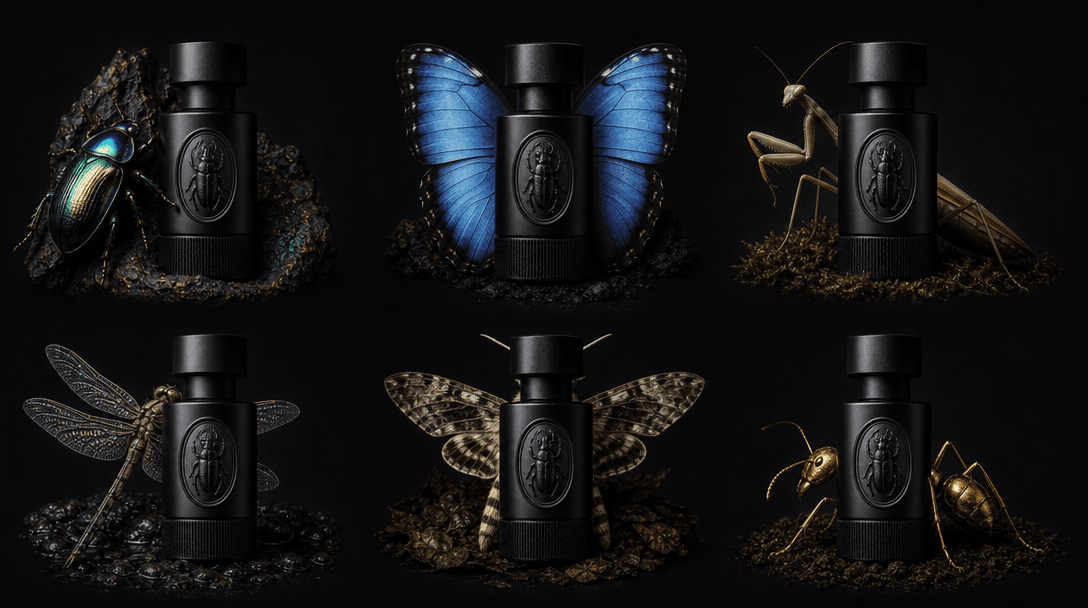 A dark editorial flat-lay arrangement of six small identical product silhouettes in a two-row grid, each surrounded by a