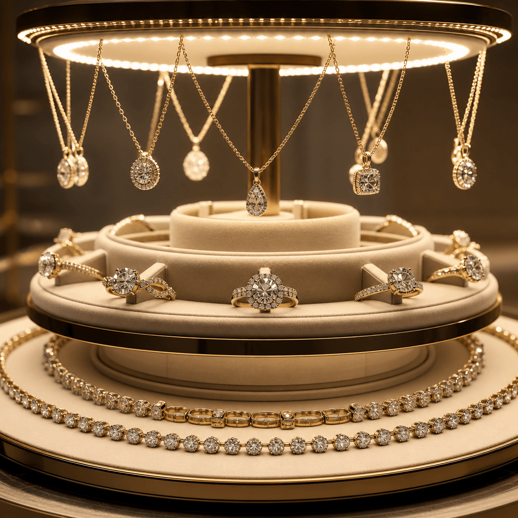 Jewelry carousel of engagement rings, delicate gold necklaces, and diamond bracelets rotating smoothly. Each piece catch