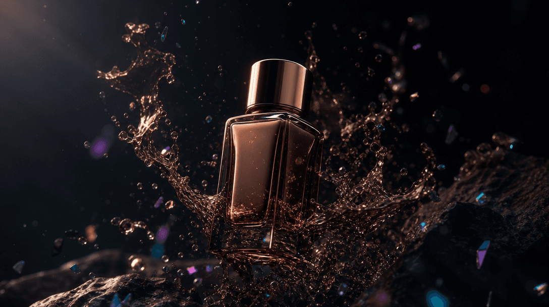 Cinematic dark studio scene: glass cosmetics bottle surrounded by swirling liquid and suspended iridescent particles, vo