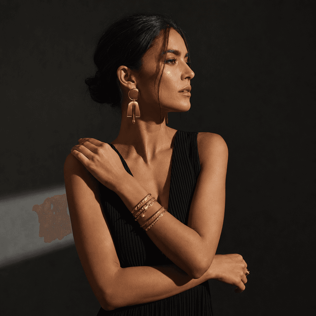 Statement jewelry styling: sleek black minimalist dress with prominent gold earrings and layered bracelet jewelry, confi