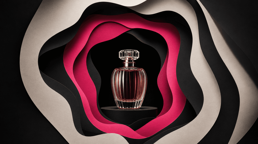 A single elegant perfume bottle held at the visual center by concentric paper cutout frames, surrounding shapes directin