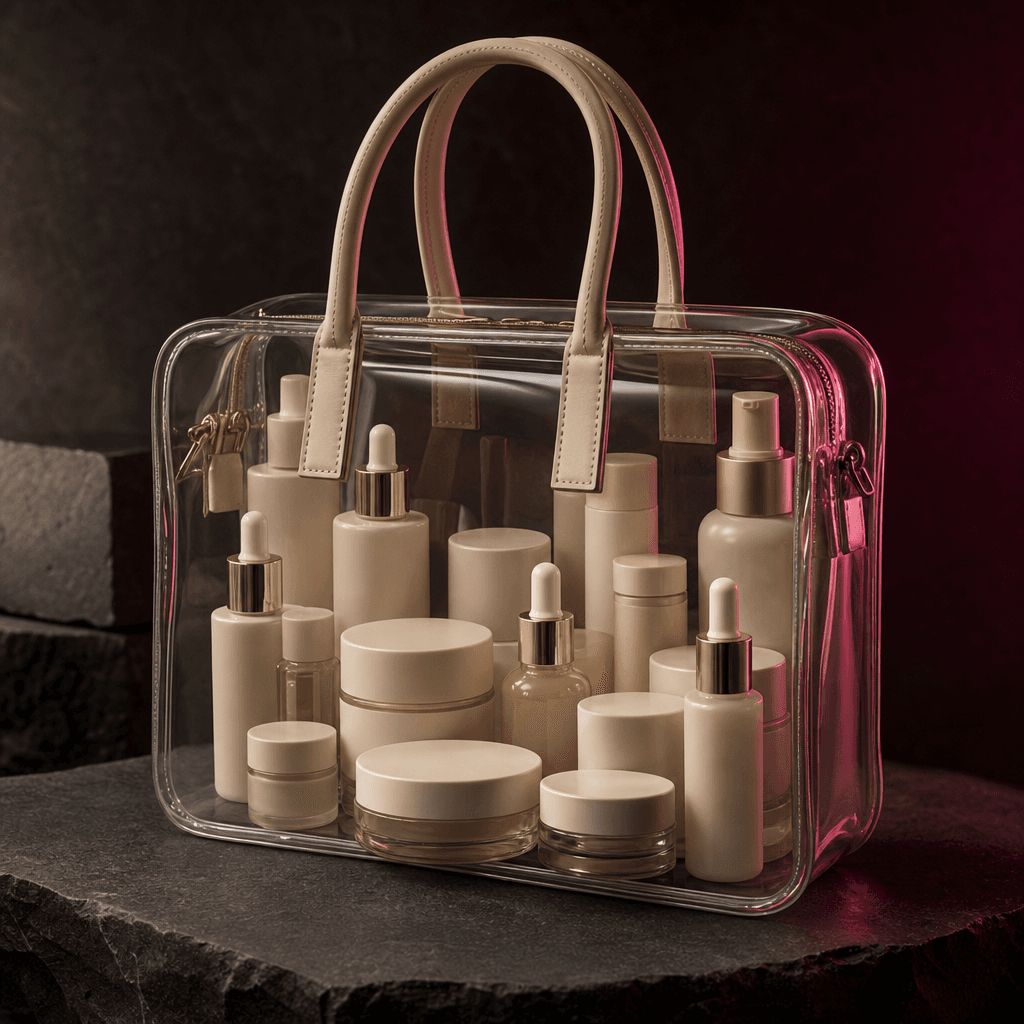 A clear structured handbag filled with minimalist skincare jars and serum bottles in warm ivory packaging, photographed 