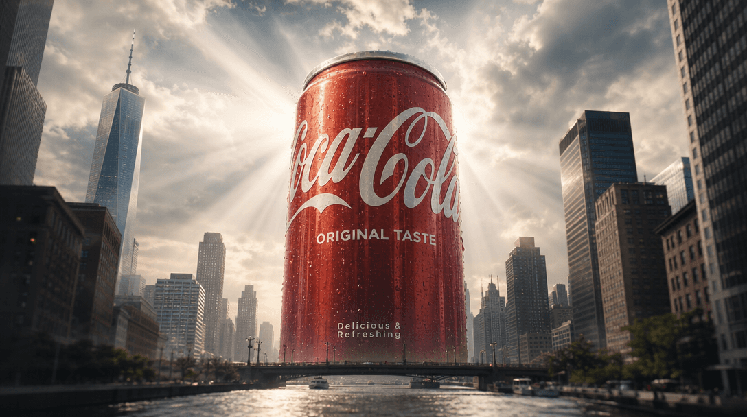 Dramatic perspective showing scale distortion effect, product appearing massive compared to buildings, light rays emphas