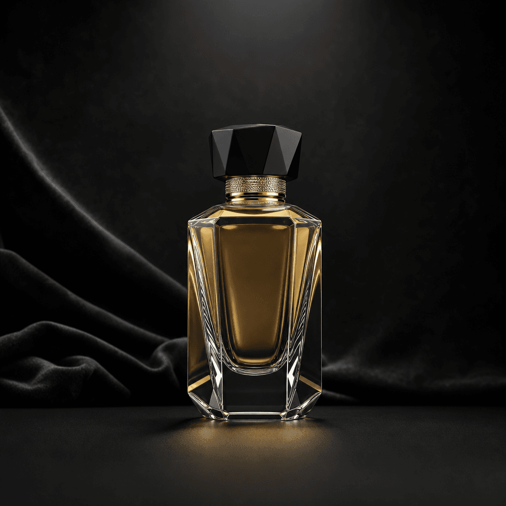 Minimalist editorial product shot: luxury perfume bottle centered on a matte black surface, single overhead soft-box lig