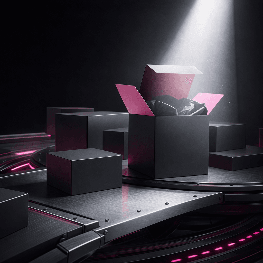 Ecommerce restock announcement concept with multiple matte product boxes arriving on a brushed metal platform, one packa