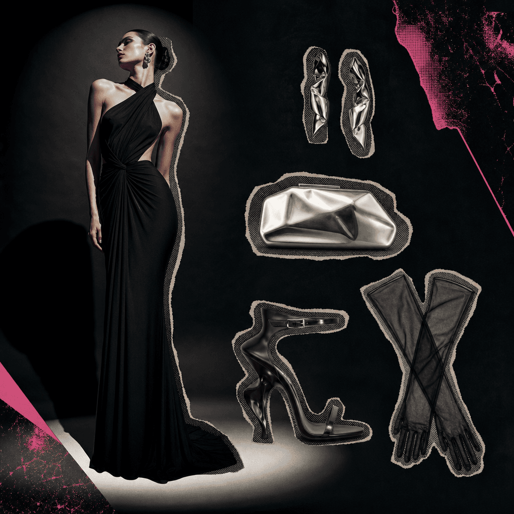 A square luxury eveningwear style board with a long black dress, sculptural heels, silver clutch, earrings, and sheer gl