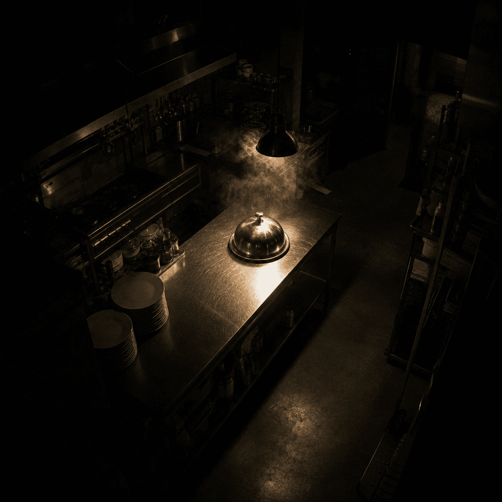 Surveillance-style overhead view of a modern restaurant kitchen after closing, a silver serving dome isolated on a stain