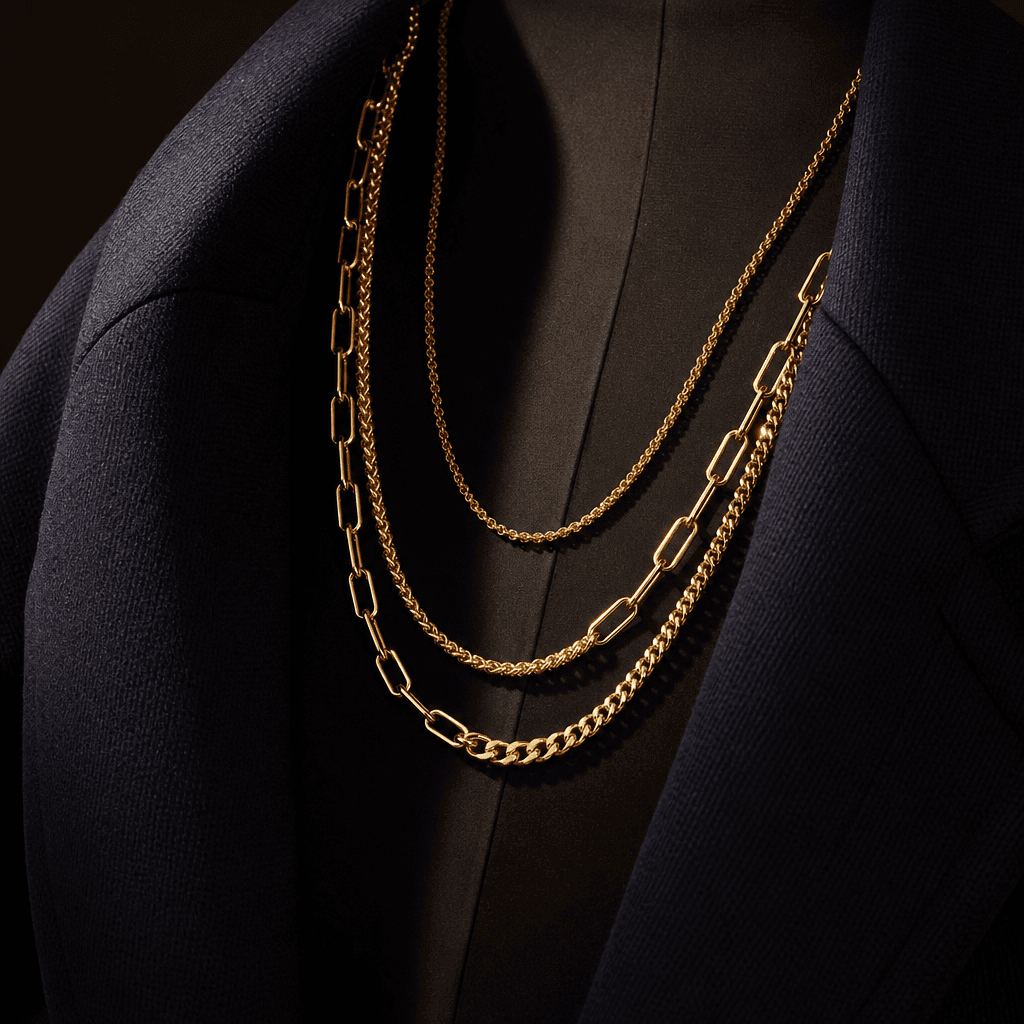 Cinematic jewelry still — layered gold chain necklaces draped over the open collar of a navy blazer, photographed from a