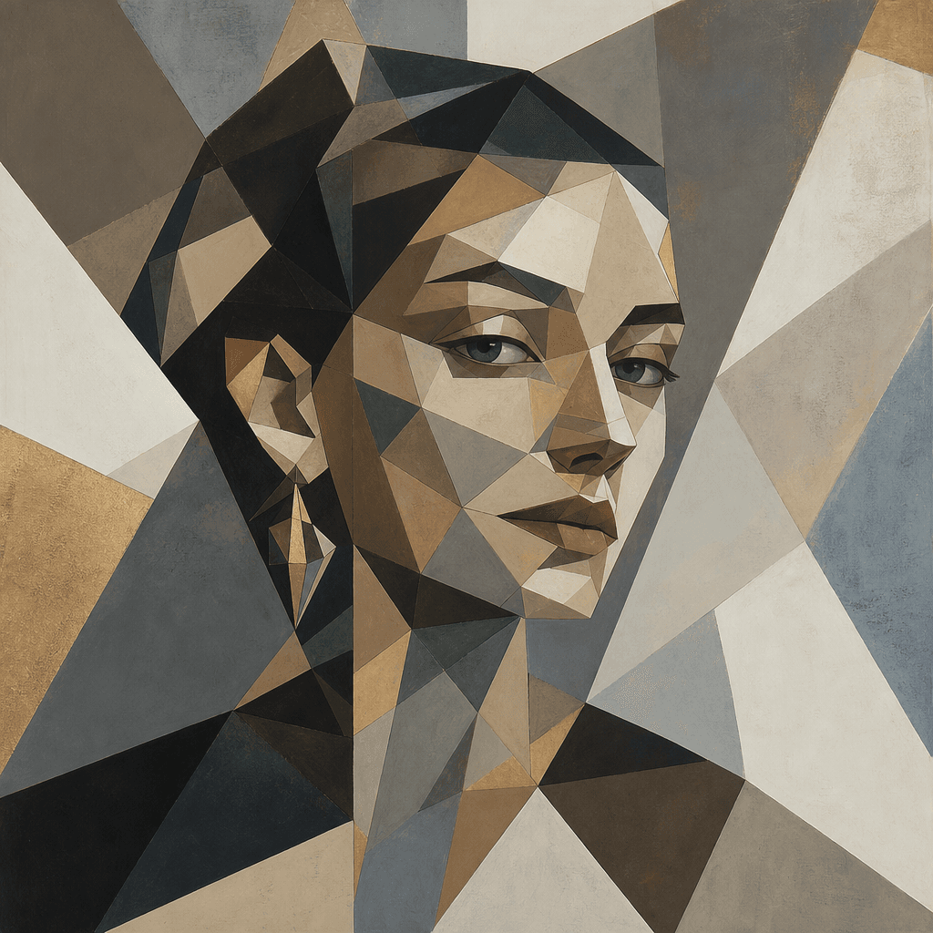 Geometric portrait art with intersecting planes and crystalline facets, contemporary gallery style, sophisticated muted 