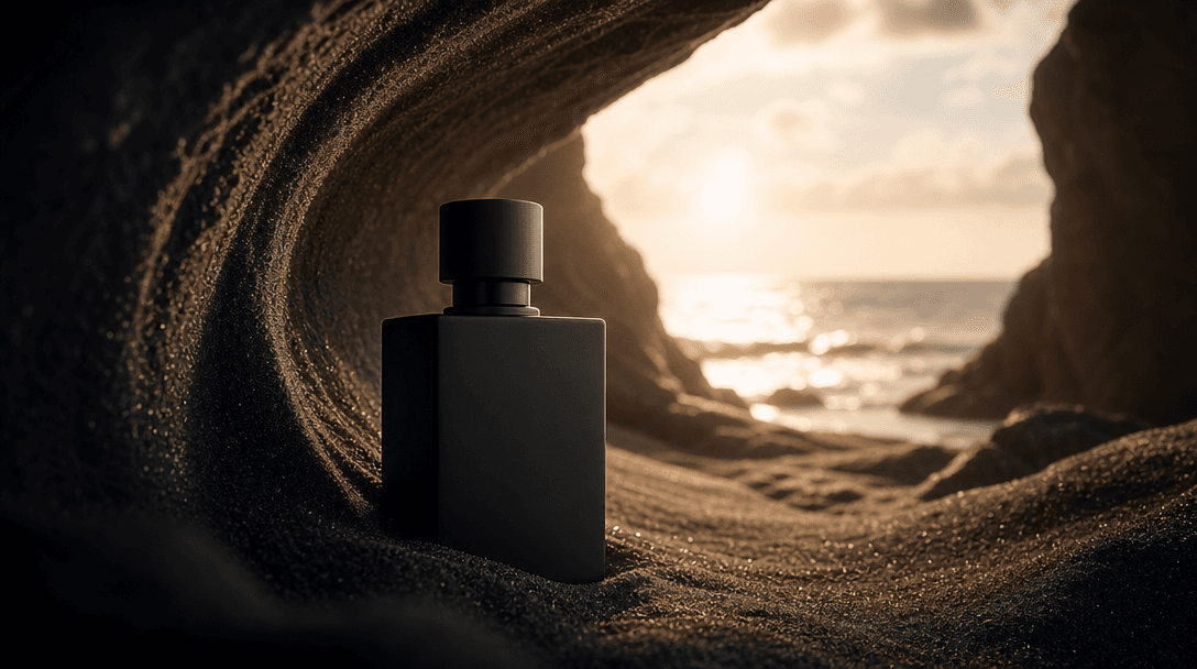 A single matte product silhouette framed by a sweeping curve of sand and distant ocean light, deep shadow around the edg