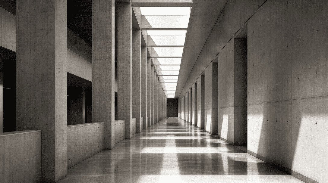 Wide architectural photograph of a modernist building interior corridor: precisely aligned structural columns receding t