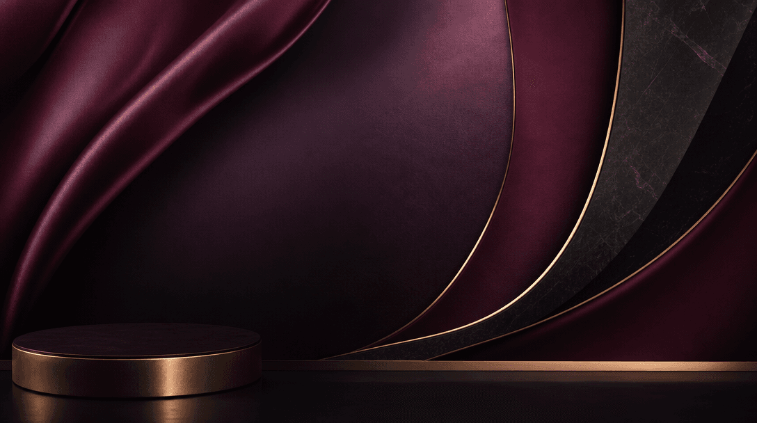 Abstract luxury and sophistication composition expressing premium brand positioning. Deep wine red and dark purple tones