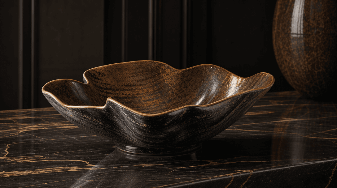 Photorealistic AI-generated home decor lifestyle hero scene: a sculptural decorative ceramic bowl resting on polished da