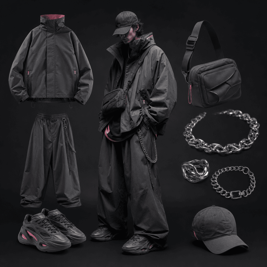 A streetwear outfit breakdown featuring an oversized jacket, wide-leg trousers, sculptural sneakers, compact shoulder ba