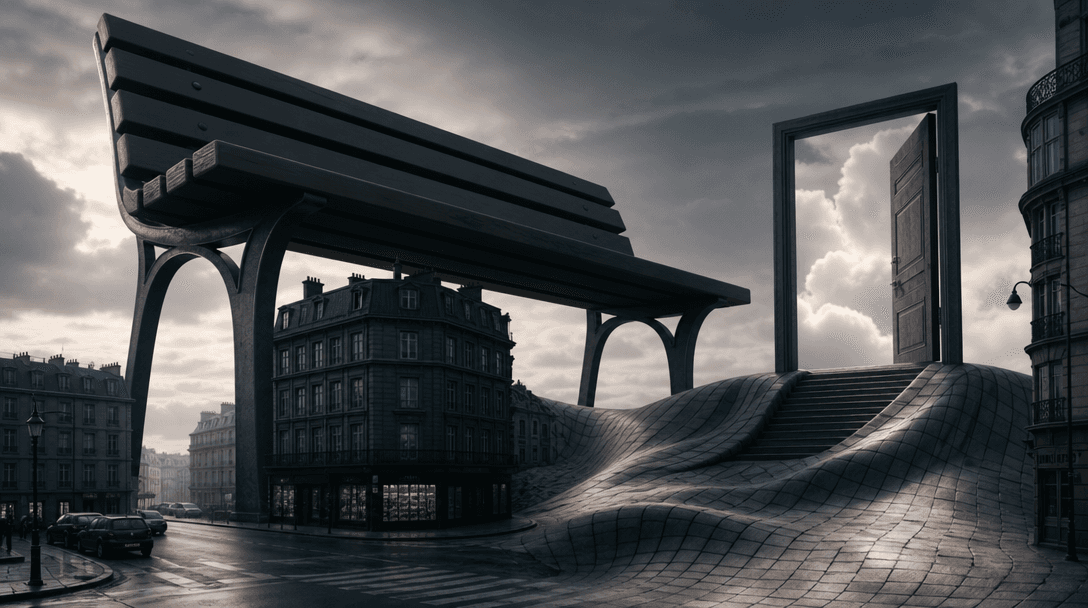 Familiar urban objects arranged in an intentionally impossible landscape: a bench taller than a building, a doorway open