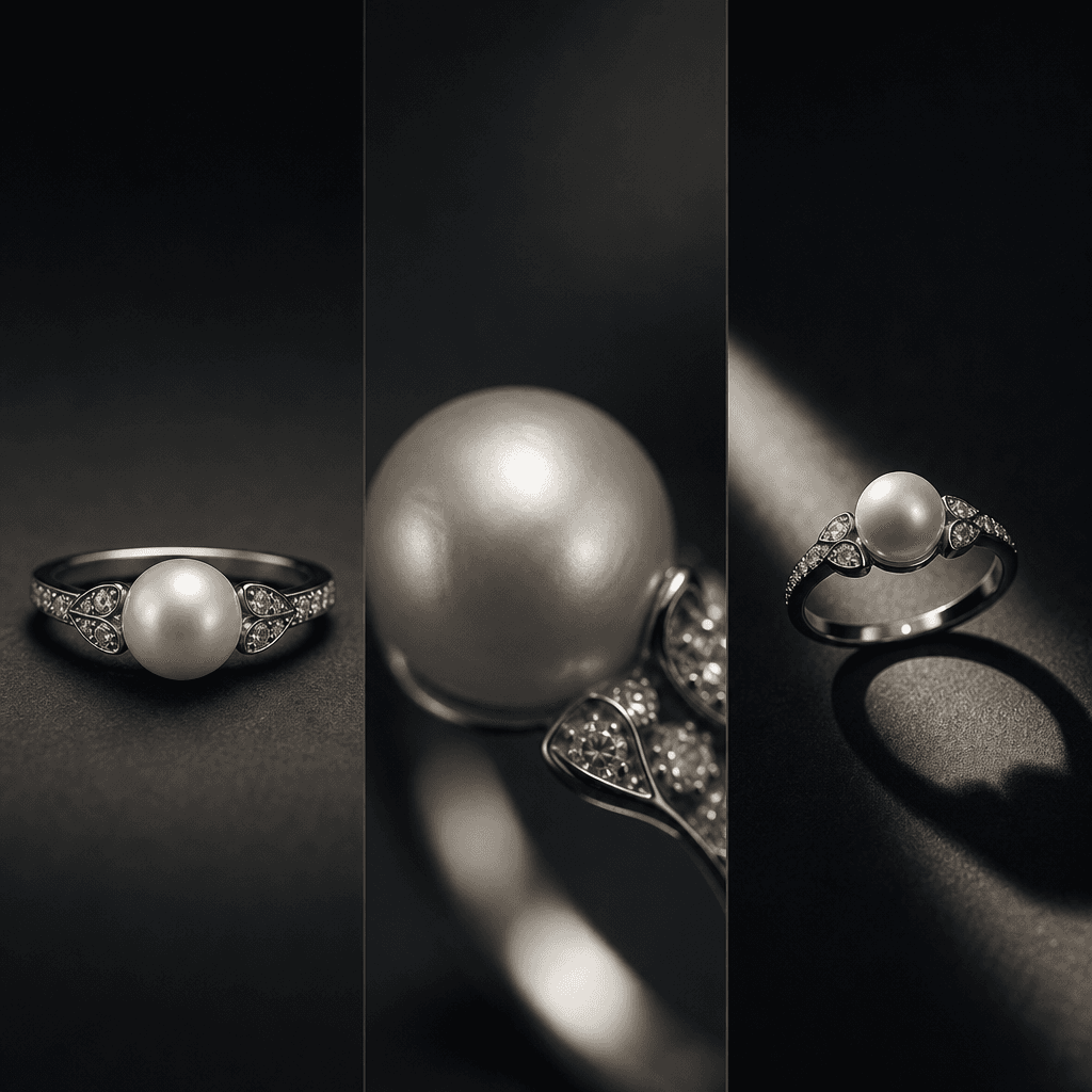 A pearl ring triptych with one clean product view, one luminous pearl macro, and one dramatic shadow composition, deep c