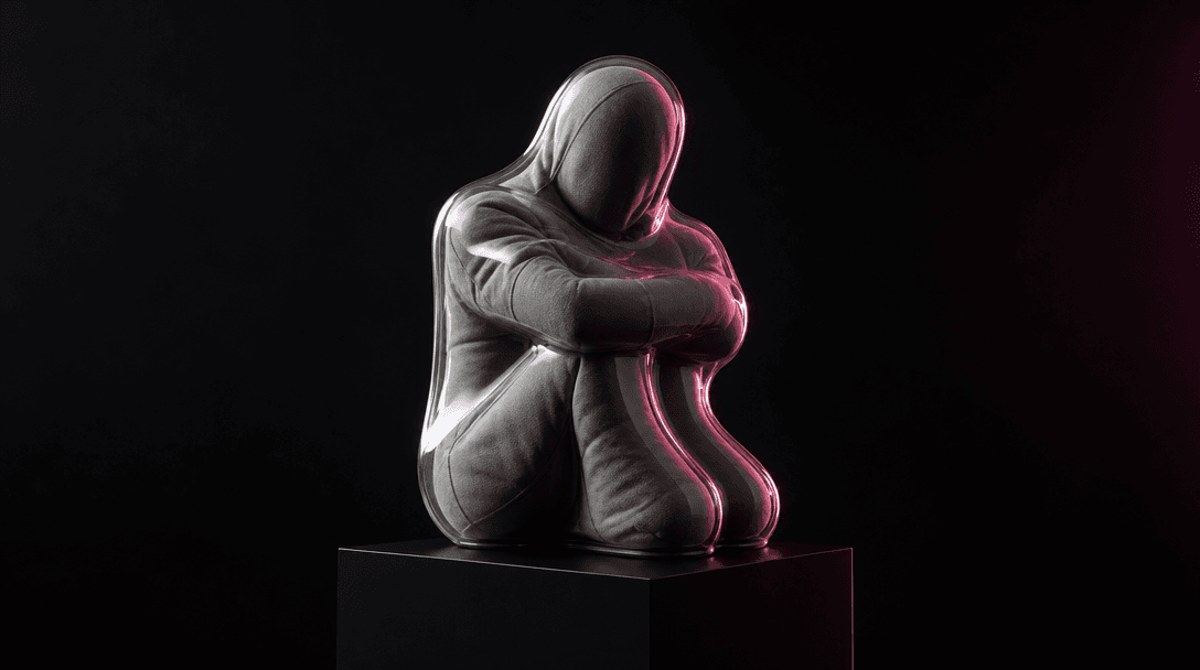 A transparent vacuum-formed shell wrapping around an abstract human-shaped fabric sculpture on a black plinth. The mater
