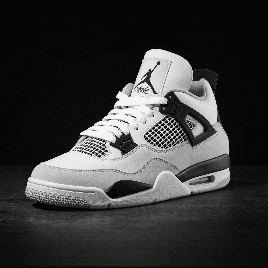 Premium sneaker shoe displayed on dark surface, editorial product photography, studio lighting, crisp shadow, profession