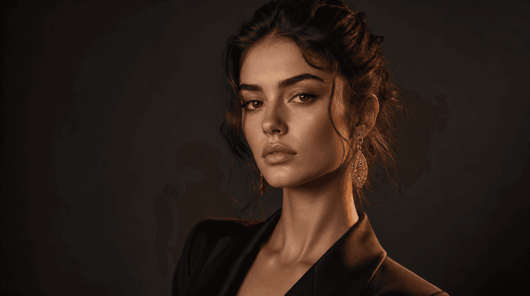 Studio portrait lighting setup with soft key light and fill, professional color grading, fashion editorial aesthetic, de