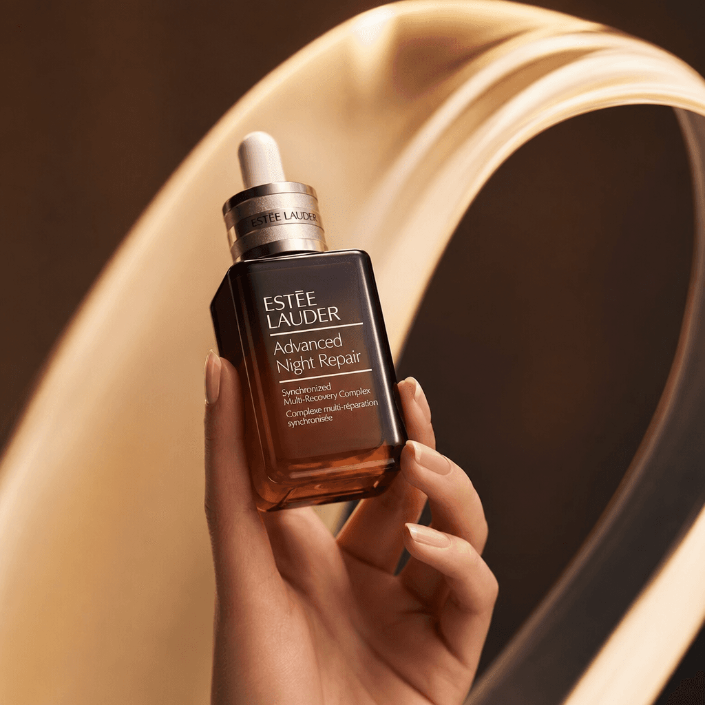 High-end beauty serum bottle backhold placement, professional product styling, dramatic lighting, magazine quality edito