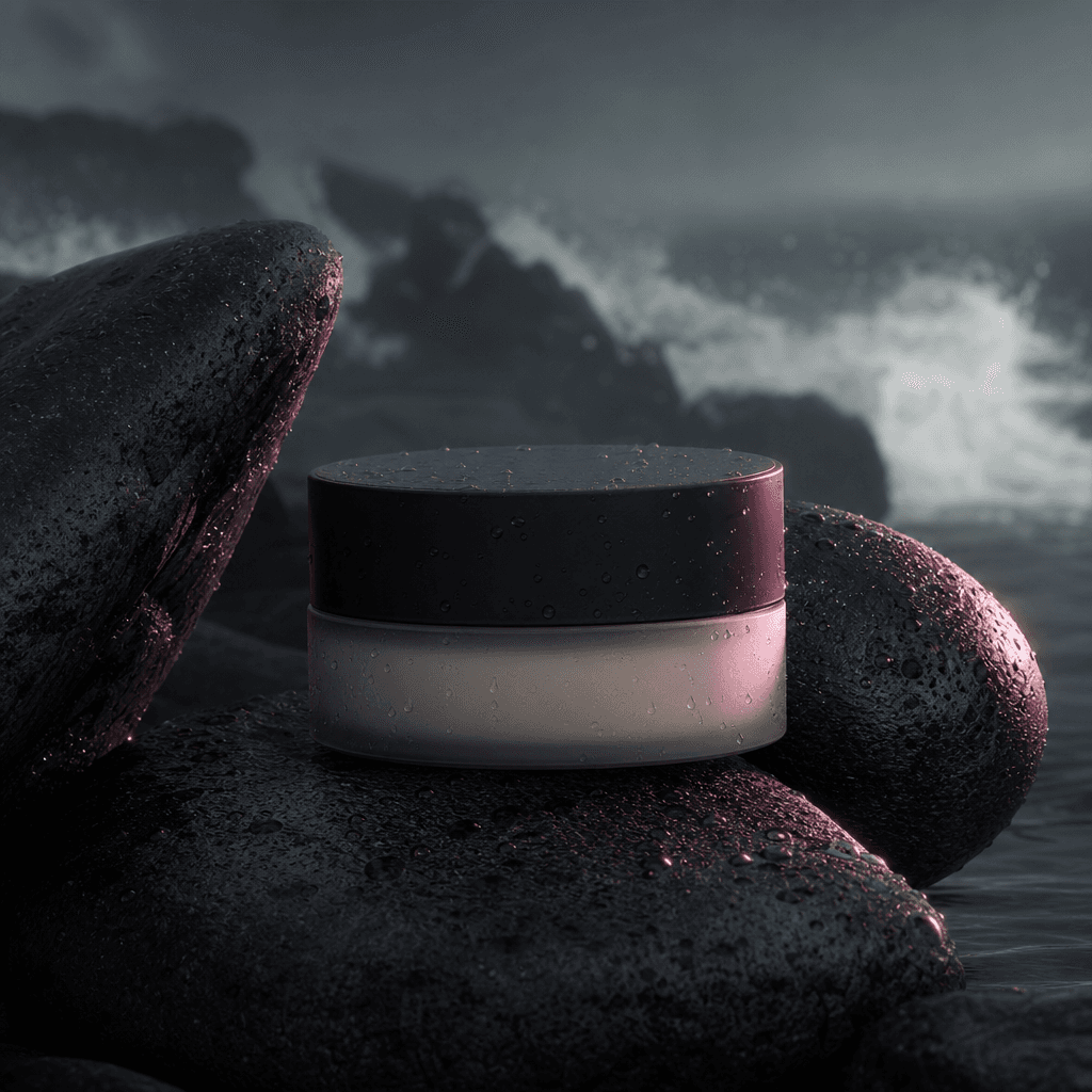 A minimalist moisturizer jar nestled between smooth dark coastal stones with mist and foam drifting behind it, moody ove