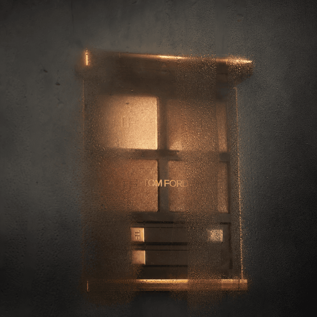 Luxury cosmetics palette behind frosted glass with fog and steam droplets, dark moody background, 1:1 square, cinematic 