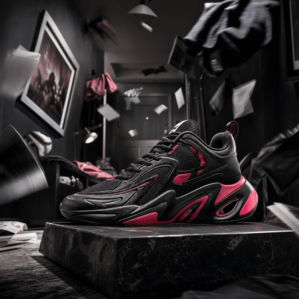 A vivid designer sneaker planted firmly on a low platform as a compact apartment hallway bursts into theatrical disorder