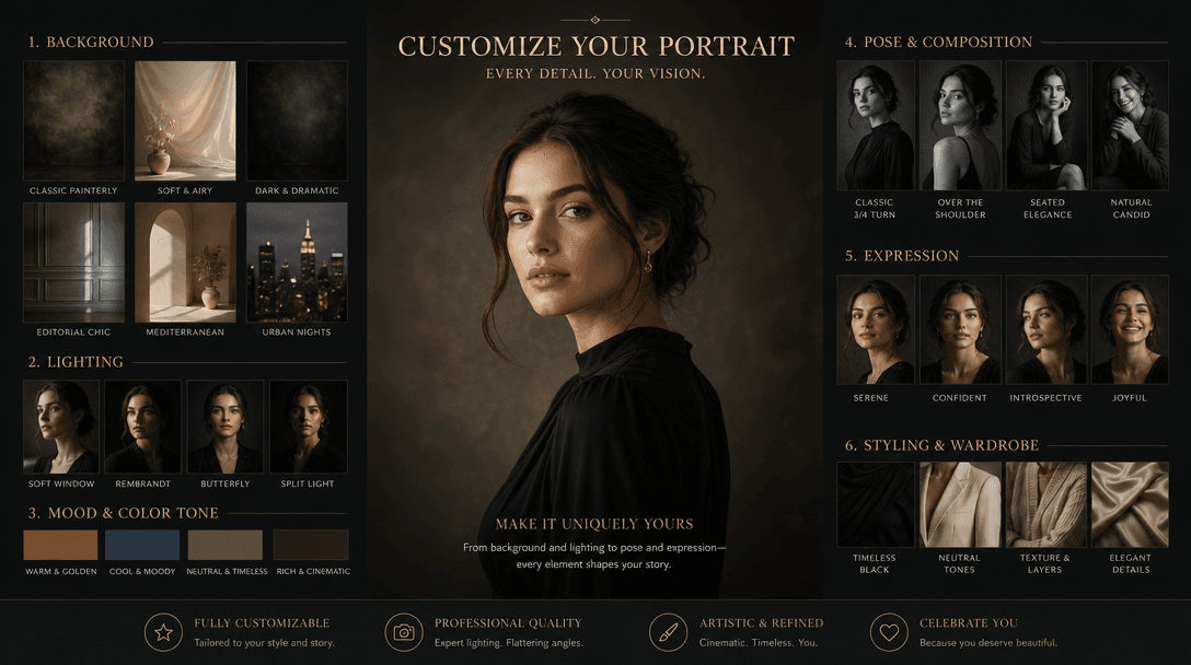 A visual representation of customizable portrait elements, featuring elegant backgrounds and lighting setups. The scene 