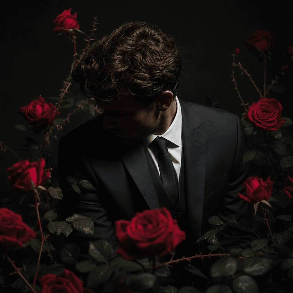 Anonymous man in a dark tailored suit surrounded by red garden roses and subtle thorny stems, focused studio spotlight, 