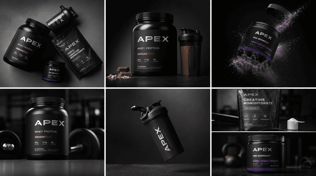Stacked athletic products shot from multiple cinematic angles—overhead, side, dynamic perspective, representing variety 