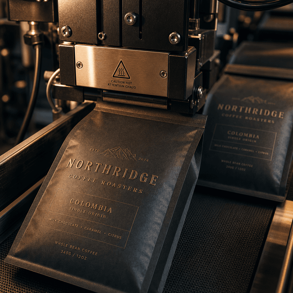 Premium specialty coffee bags being heat-sealed on a modern production line, matte dark kraft bags with embossed label b