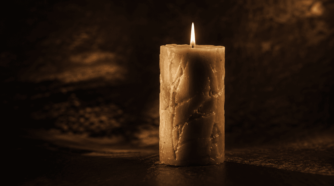Smooth motion around a stationary candle in dramatic studio lighting. Shadows dance across wax texture as if hand-lit fr