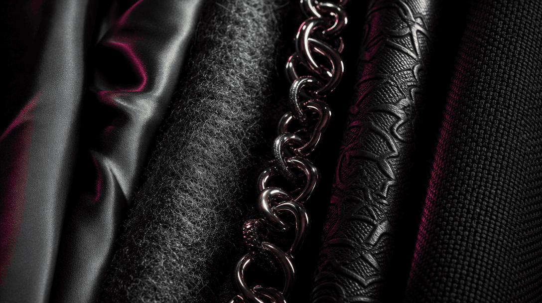 Extreme macro landscape of fashion materials arranged in parallel: satin folds, brushed wool, polished metal jewelry, em