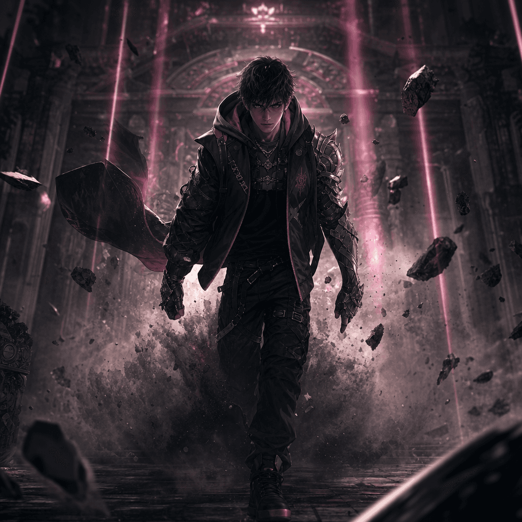 A young adult anime hero emerging from a cloud of dust inside a ruined ceremonial hall, protective armor mixed with mode
