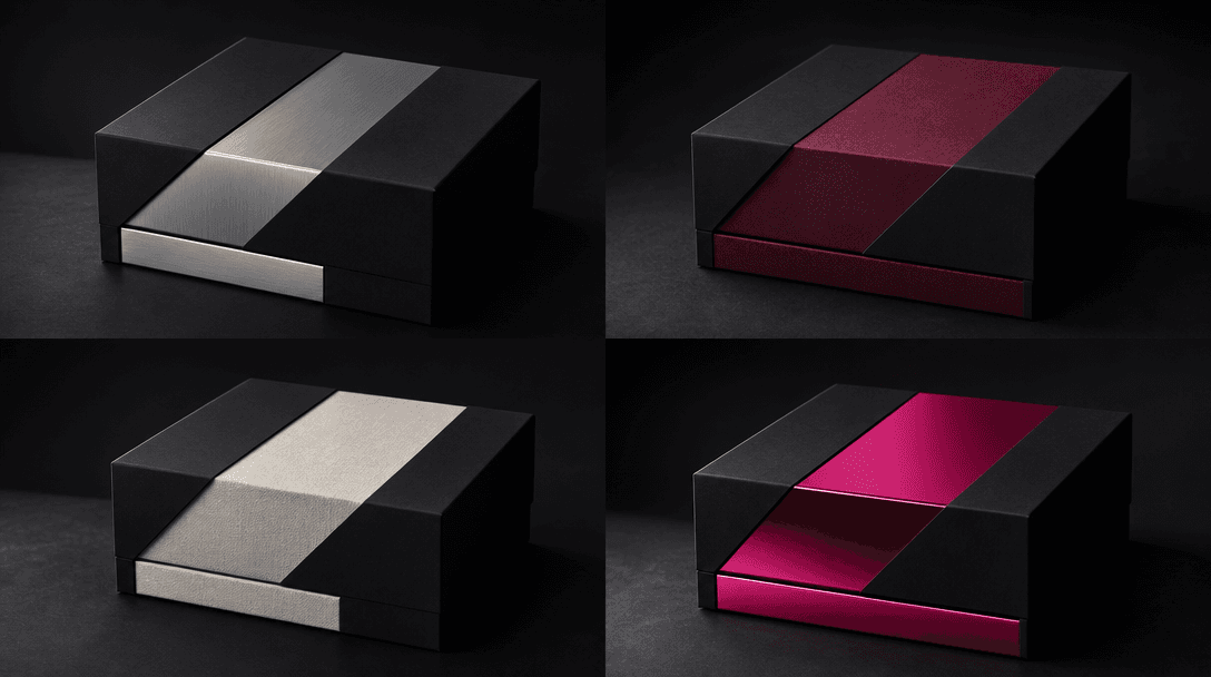 Four coordinated presentation boxes arranged as a sophisticated campaign series, each built from the same matte-black st
