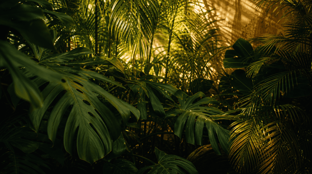 Rich tropical botanical backdrop — dense overlapping monstera and palm leaves, soft filtered golden light falling throug