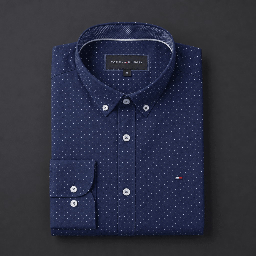 Clothing item neatly folded, professional product studio setup, clean dark background, catalog-quality lighting, fabric 