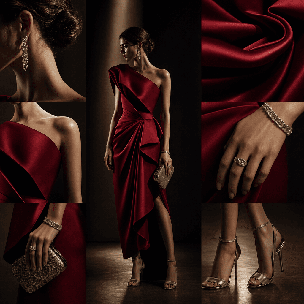 An expressive evening fashion breakdown centered on a deep red sculptural dress with silver jewelry, a small clutch, and