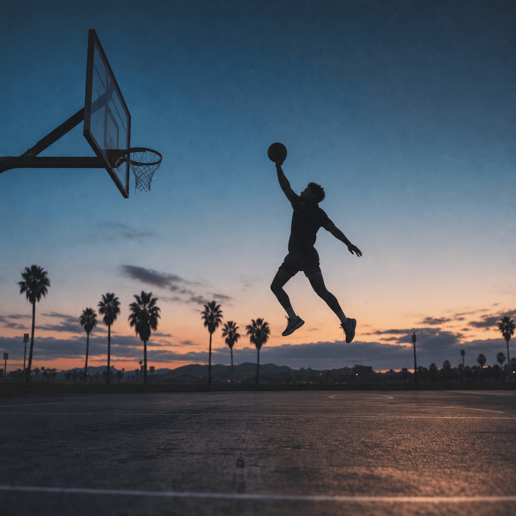 Wide cinematic shot of an outdoor basketball court at blue hour. A single player silhouetted mid-jump against a gradient