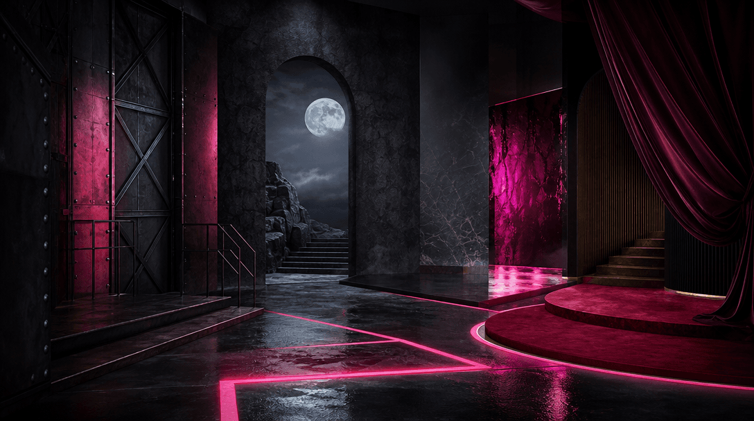 A refined abstract creative set built from four theatrical environments merging into one coherent cinematic stage: indus