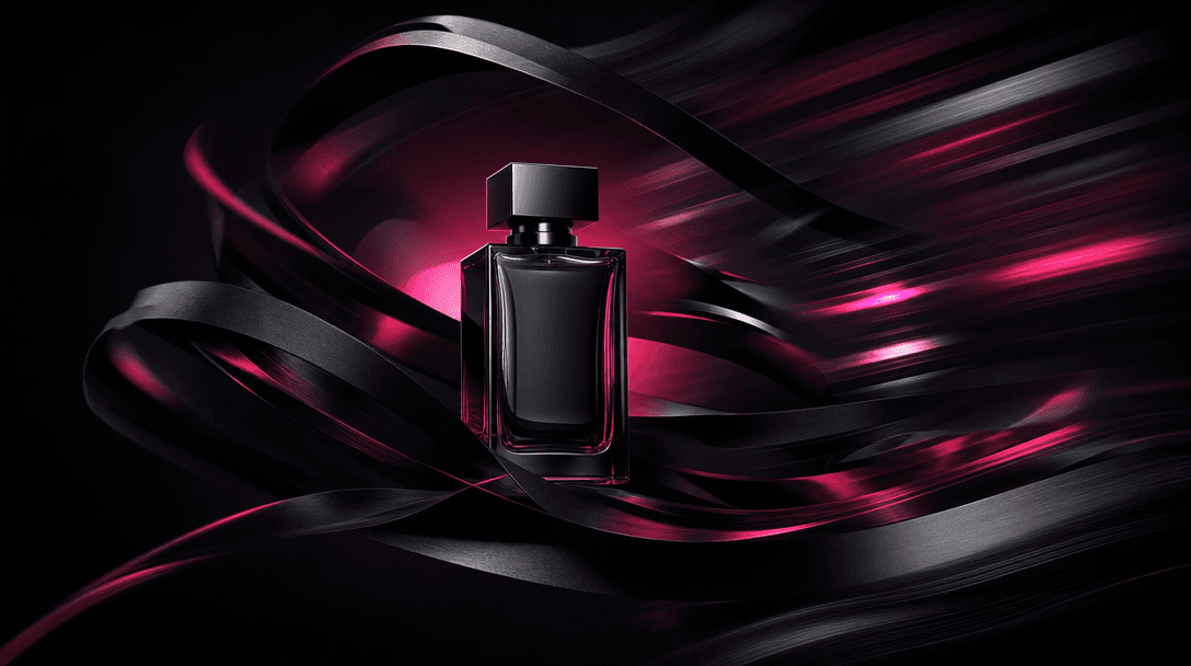 A still product packshot transforming into a sense of motion through layered arcs of black paper, stretched highlights, 