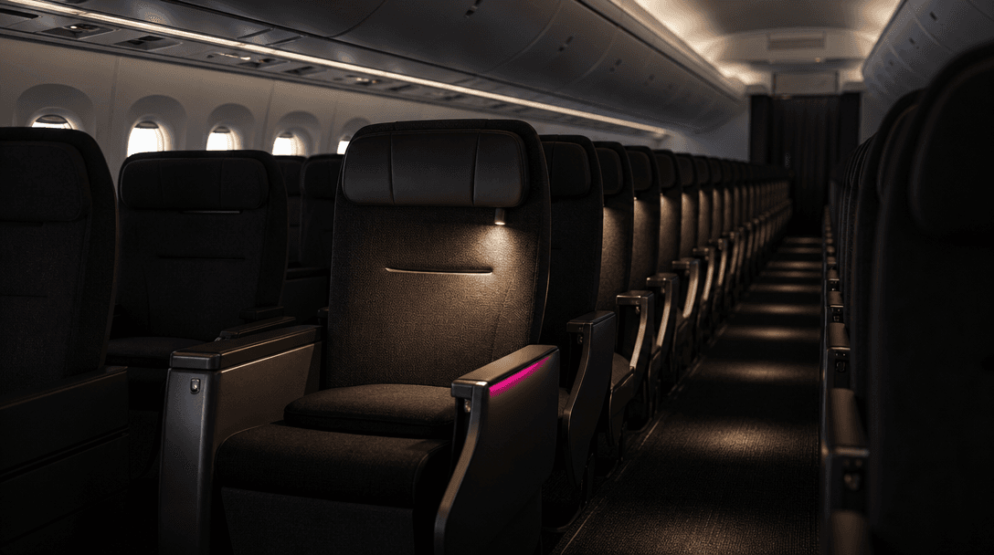 Wide cinematic airplane cabin aisle with repeating dark seatbacks creating a rhythmic media landscape, one central seat 