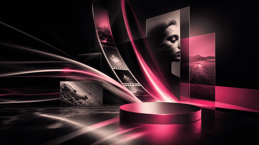 An abstract cinematic landscape where a polished product pedestal transitions into ribbons of light, motion blur, film f