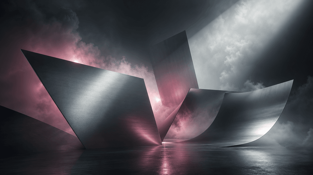 An abstract high-altitude set made from folded brushed metal, soft cloud vapor, and directional shafts of light, suggest
