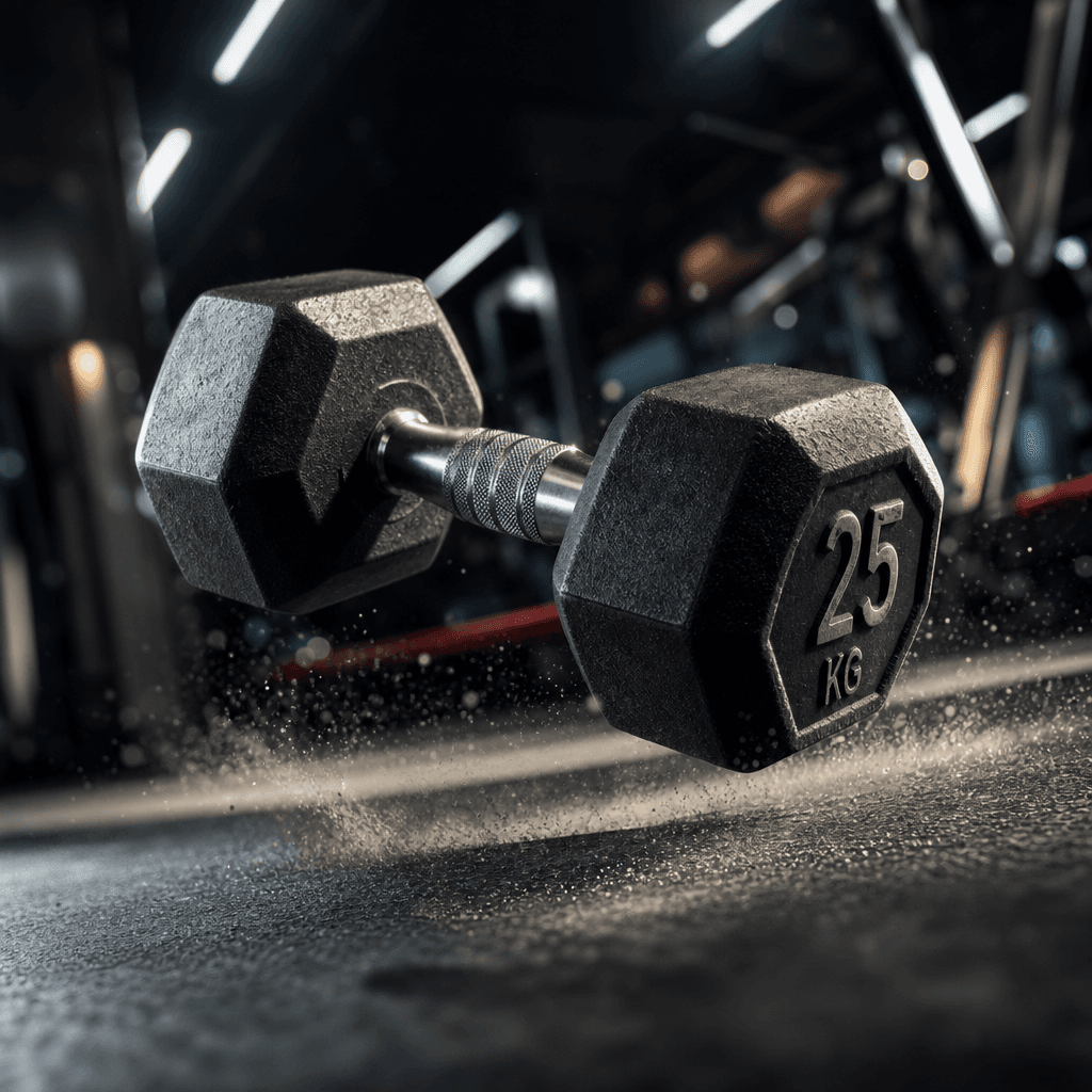 Sports equipment (weights/dumbbell) captured mid-motion, dramatic lighting creating depth, muscular energy conveyed, gym