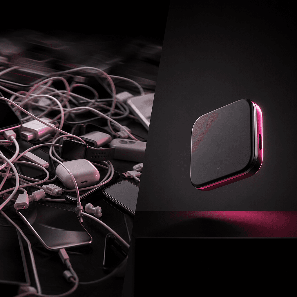A playful technology comparison showing tangled charging cables and mismatched devices on one side, with a single elegan