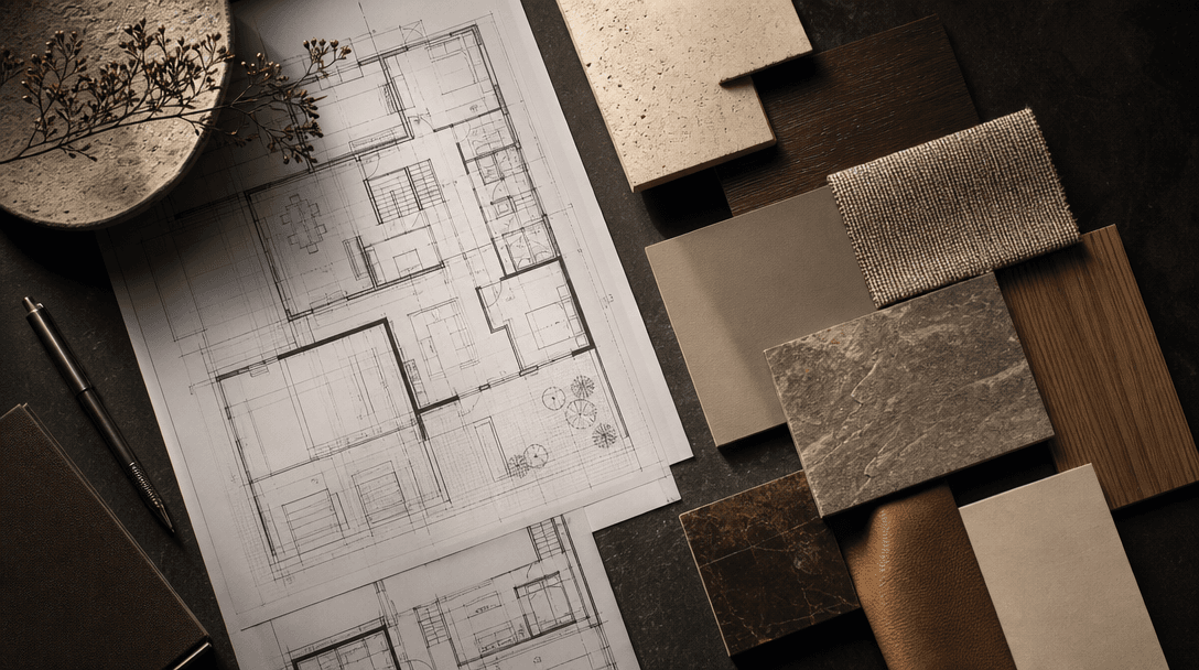 Overhead flat-lay composition of crisp architectural blueprints, refined material sample swatches in warm neutral tones,