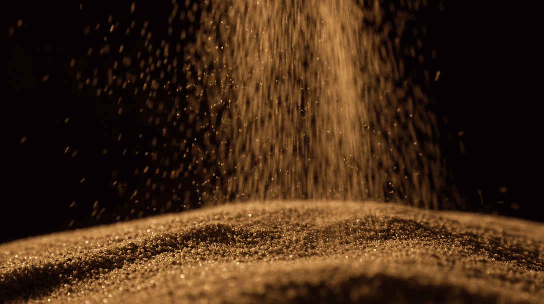 Abstract cinematic close-up of individual sand grains falling and settling with motion blur, particle trails visible aga